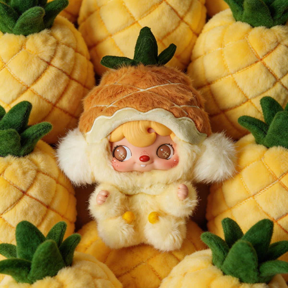 POUKAPOUKA Mini Pineapple vinyl plush nestled among plush pineapples