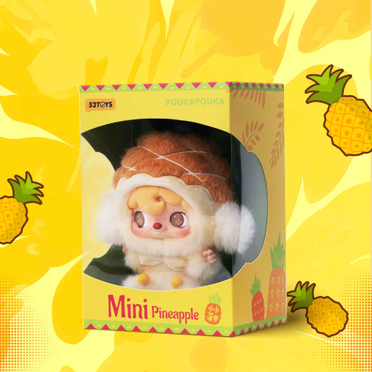 POUKAPOUKA Mini Pineapple vinyl plush displayed inside its yellow window box