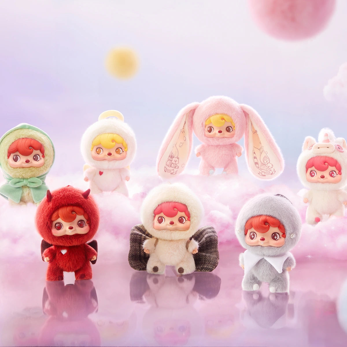 POUKAPOUKA Mood Bubbles plush dolls grouped on pink clouds, vinyl-face blind box
