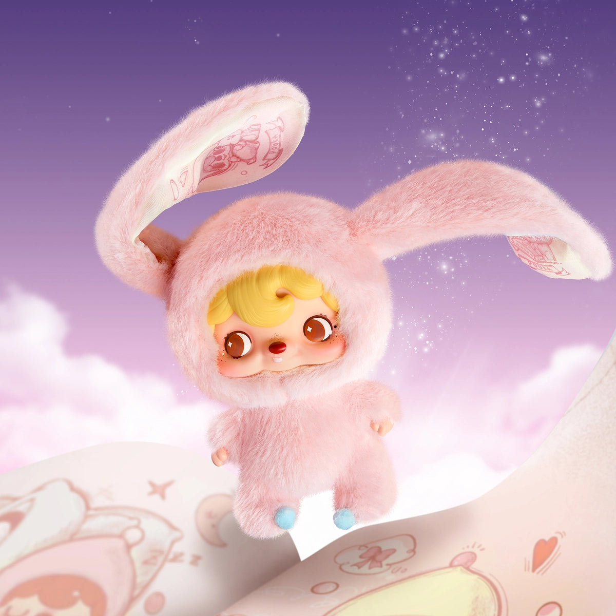 Little Devil, POUKAPOUKA in red devil suit with horns and wings by a cake, Mood Bubbles plush