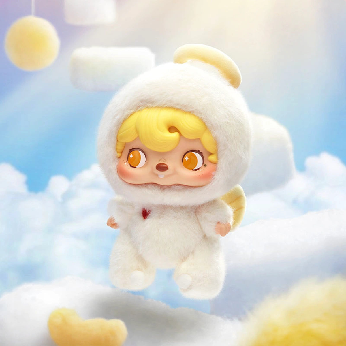 Velvel, POUKAPOUKA in a cream suit with plaid bow wings and curly hair, Mood Bubbles plush