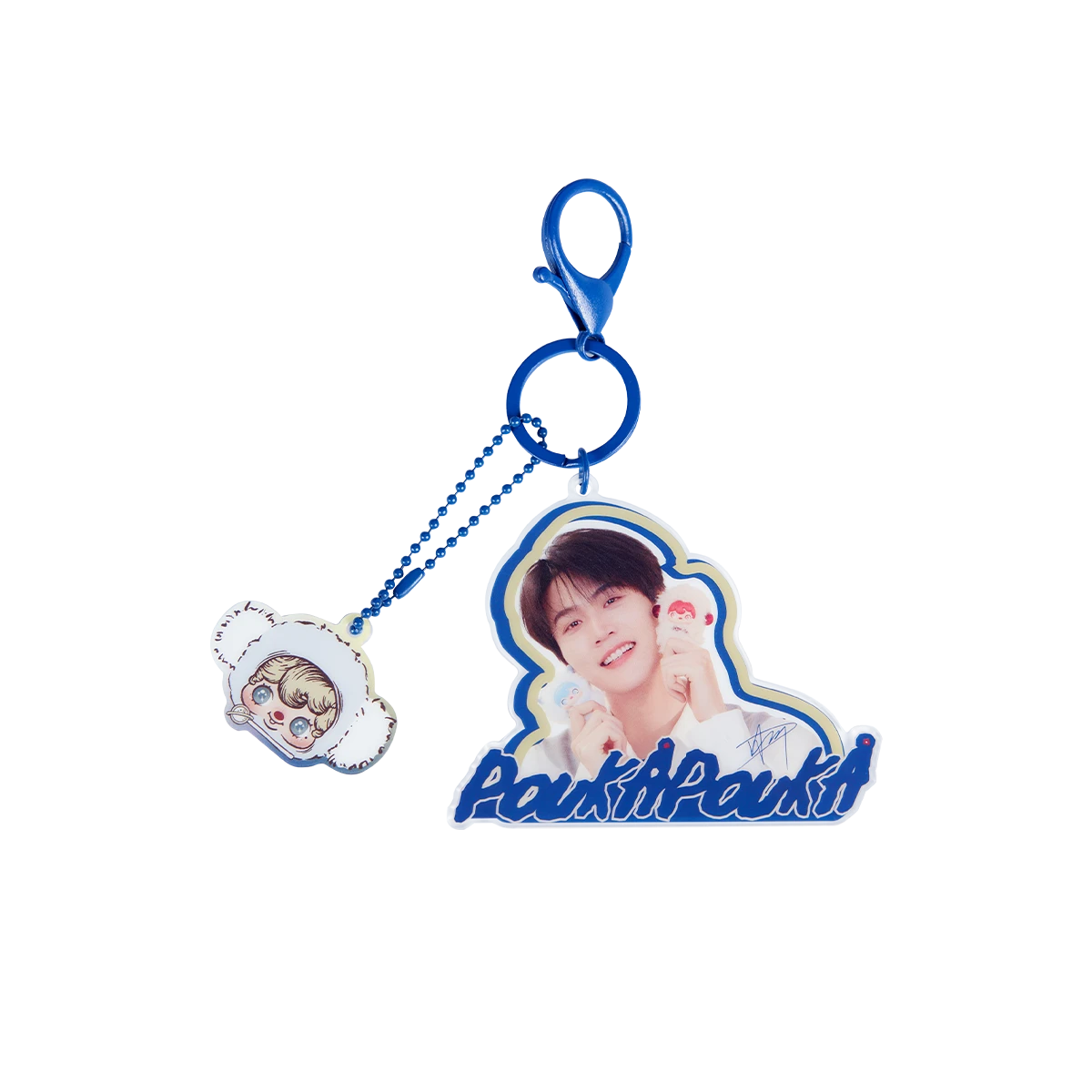 Blue acrylic ambassador portrait charm with a chibi pendant, PoukaPouka Pocket Cosmos Ambassador Keychain