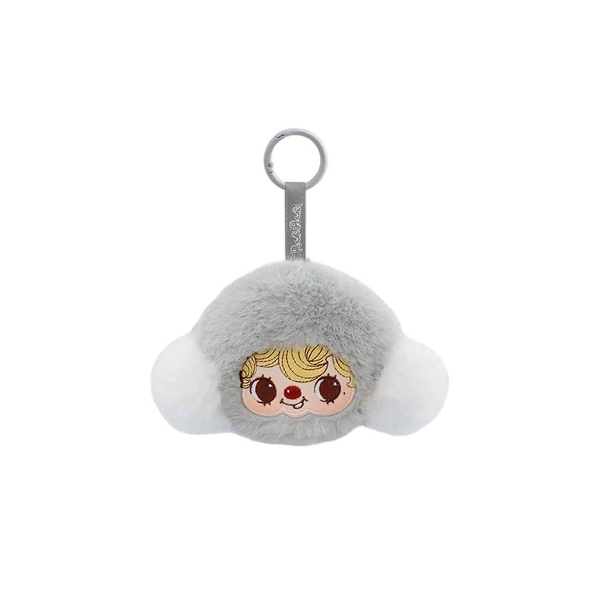 POUKAPOUKA Pocket Cosmos earphone case, grey cloud plush keychain with white puffs and curly-haired baby face, by 52TOYS