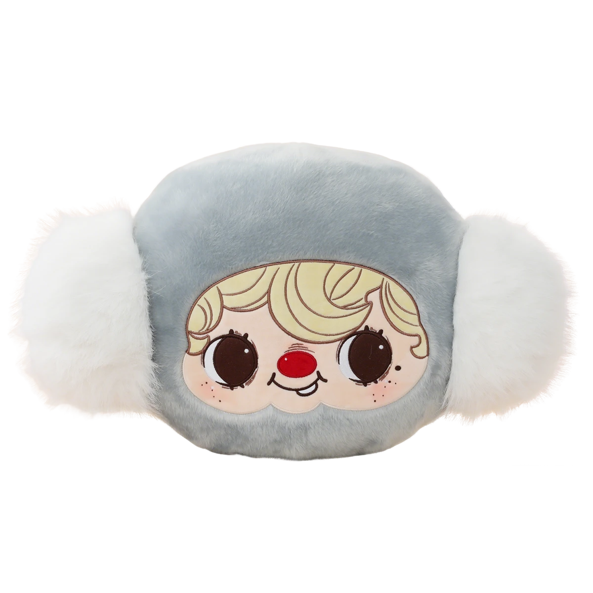 POUKAPOUKA Pocket Cosmos throw pillow, grey cloud cushion with white puffs and curly-haired baby face, by 52TOYS
