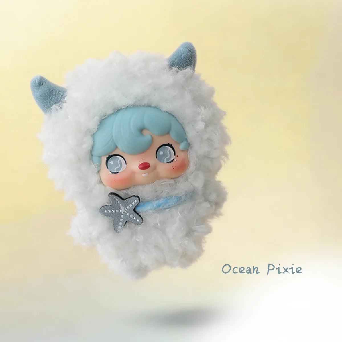Ocean Pixie in a white hood with blue horn ears and a starfish charm, POUKAPOUKA Pocket Cosmos by 52TOYS