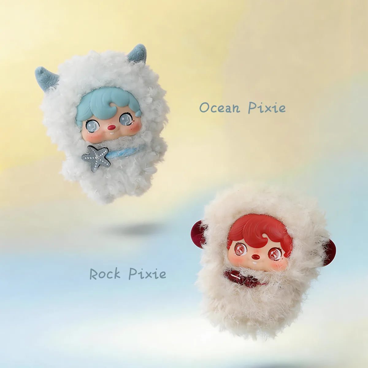 Ocean Pixie with starfish charm and Rock Pixie with red hair, POUKAPOUKA Pocket Cosmos by 52TOYS