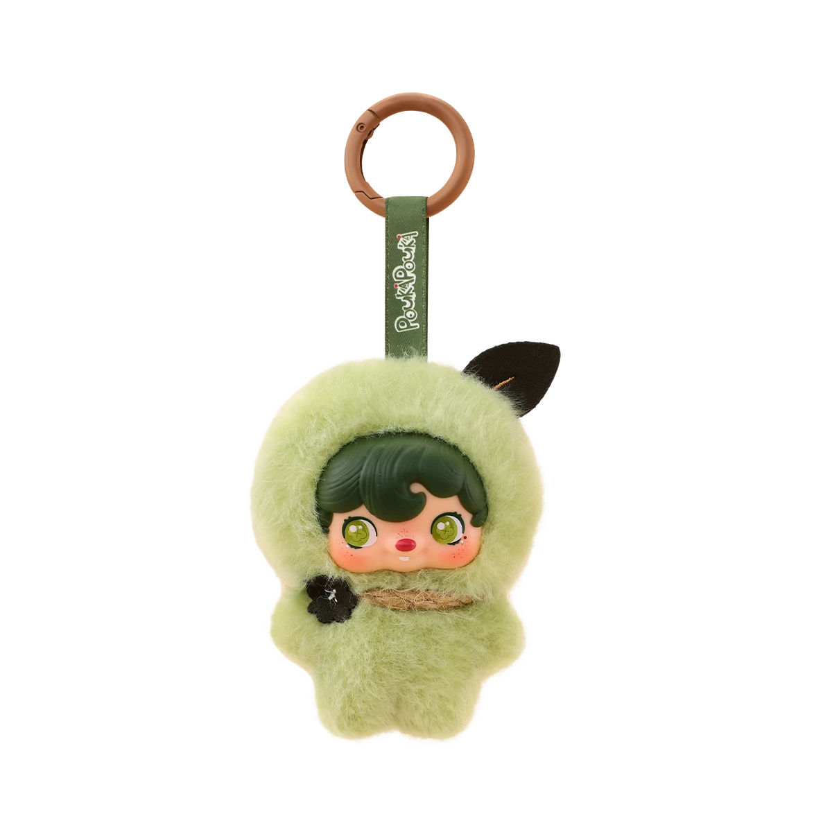 Greenfield Pixie keychain, vinyl-face pixie in a bright green fuzzy hood, POUKAPOUKA Pocket Cosmos by 52TOYS