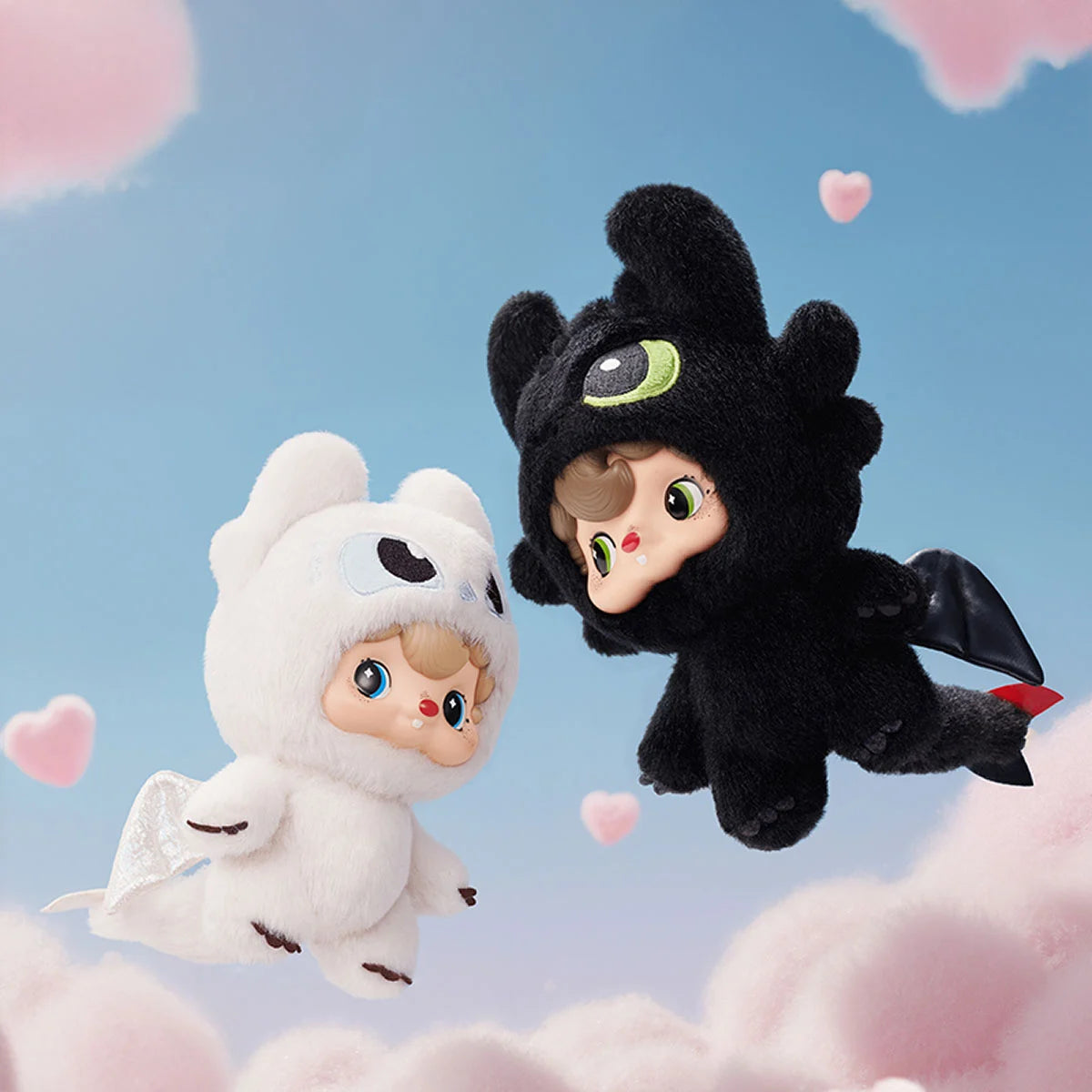 Night Fury and Light Fury POUKA dragon plush dolls soaring through heart-filled clouds
