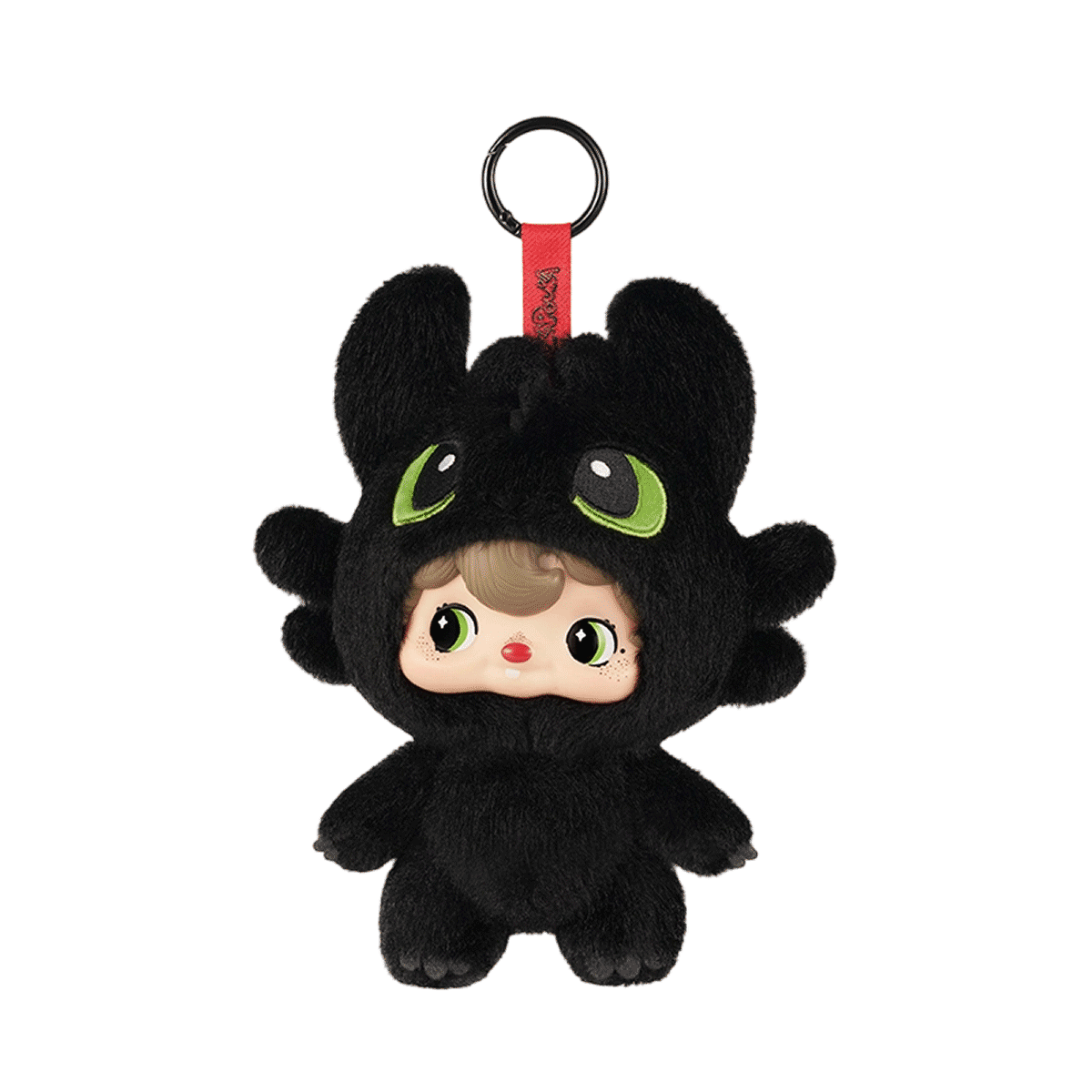 Night Fury POUKA Toothless plush keychain in black dragon hood with green eyes and red strap, by 52TOYS
