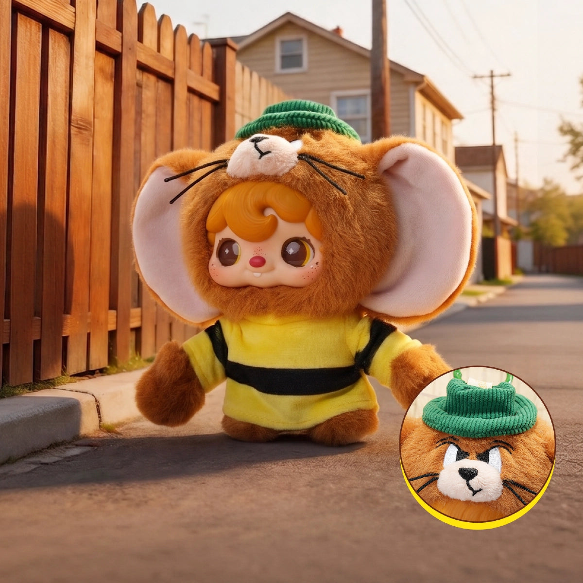 Secret POUKAPOUKA in a brown Jerry costume with green cap on a neighborhood street