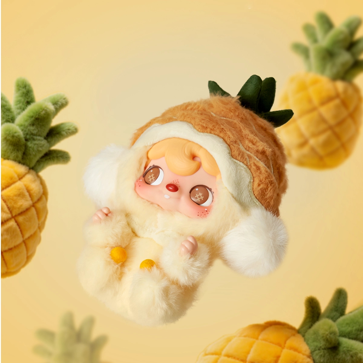 POUKAPOUKA in a fluffy Quacker duck costume surrounded by plush pineapples