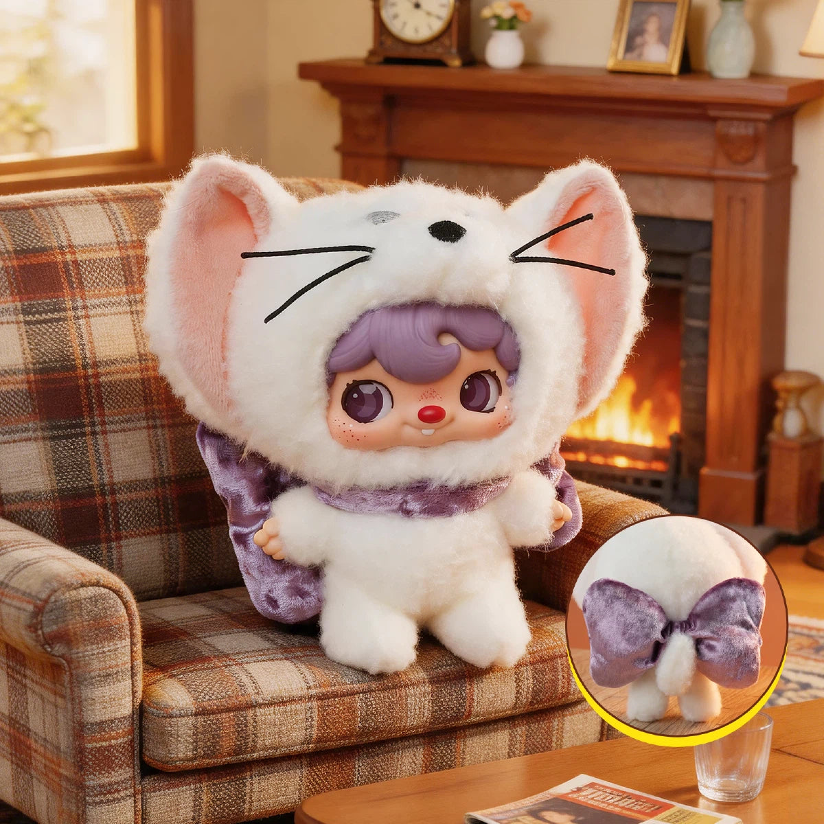 POUKAPOUKA in a white Tom costume with purple cape seated beside a fireplace