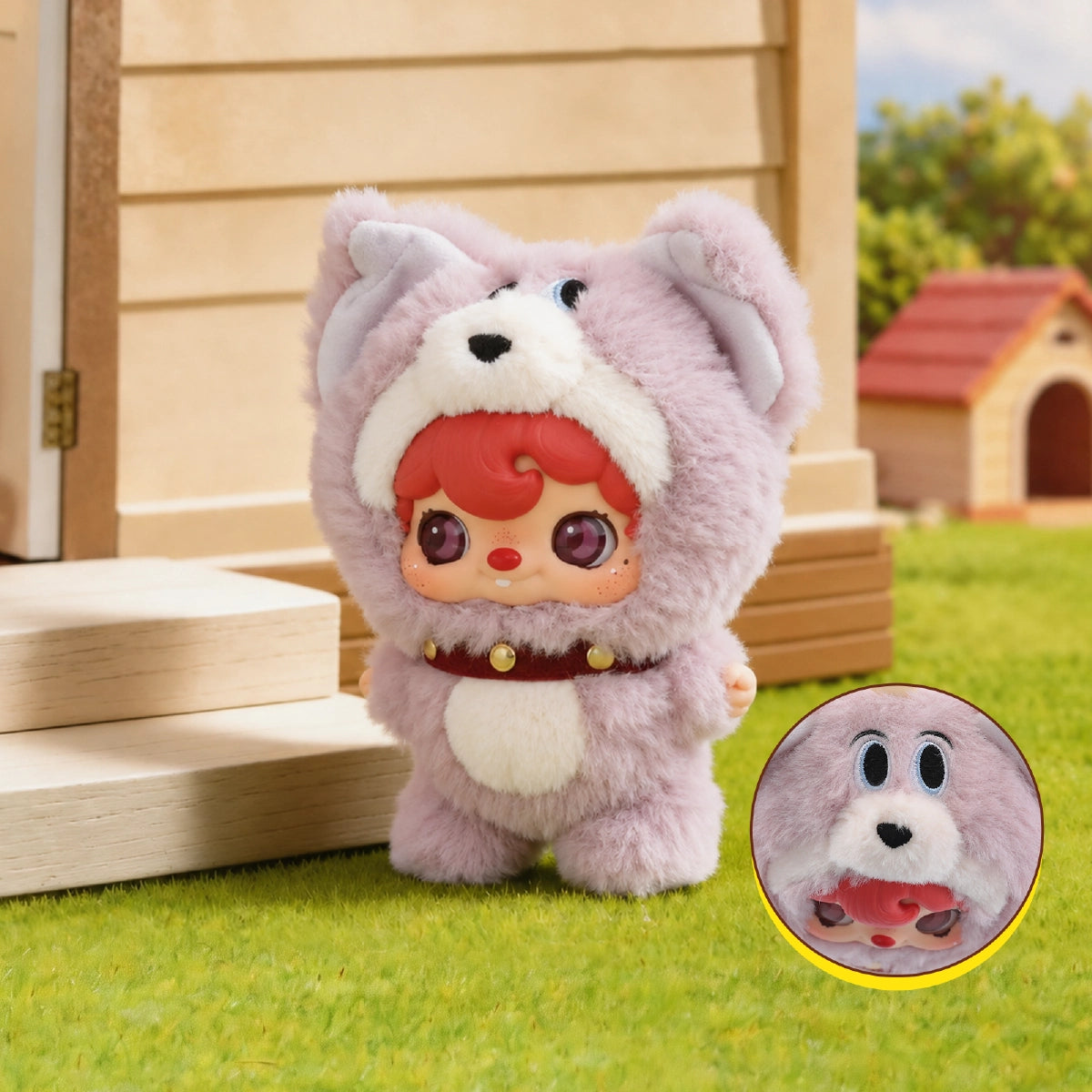 POUKAPOUKA in a lavender Tom costume with red hair standing outside a doghouse