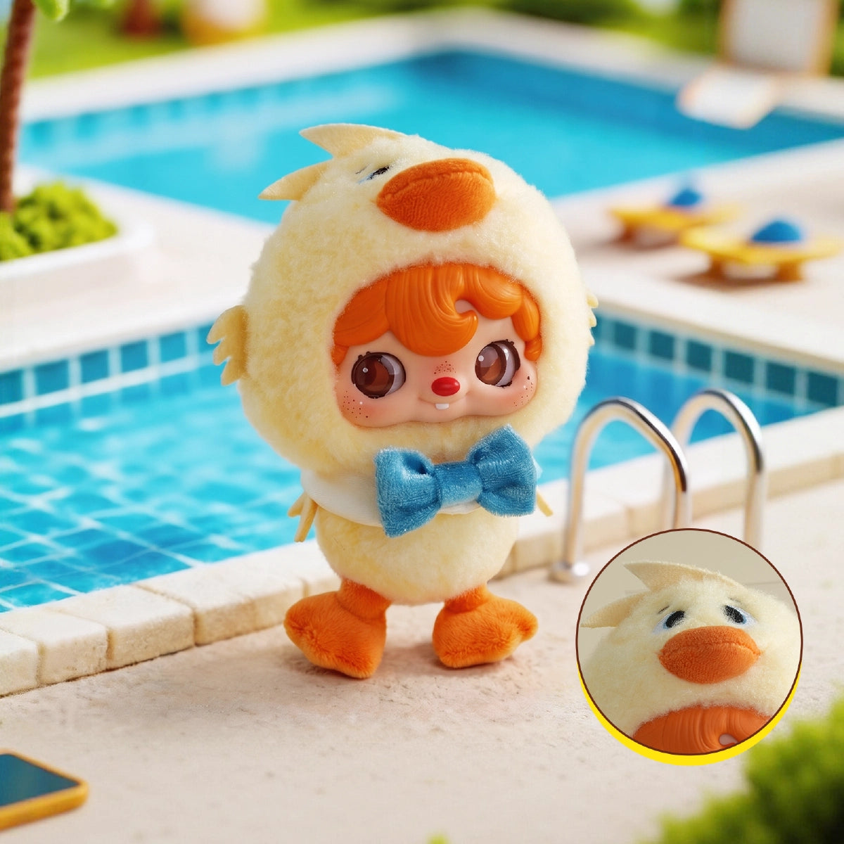 POUKAPOUKA in a Quacker duck costume with blue bow tie beside a swimming pool