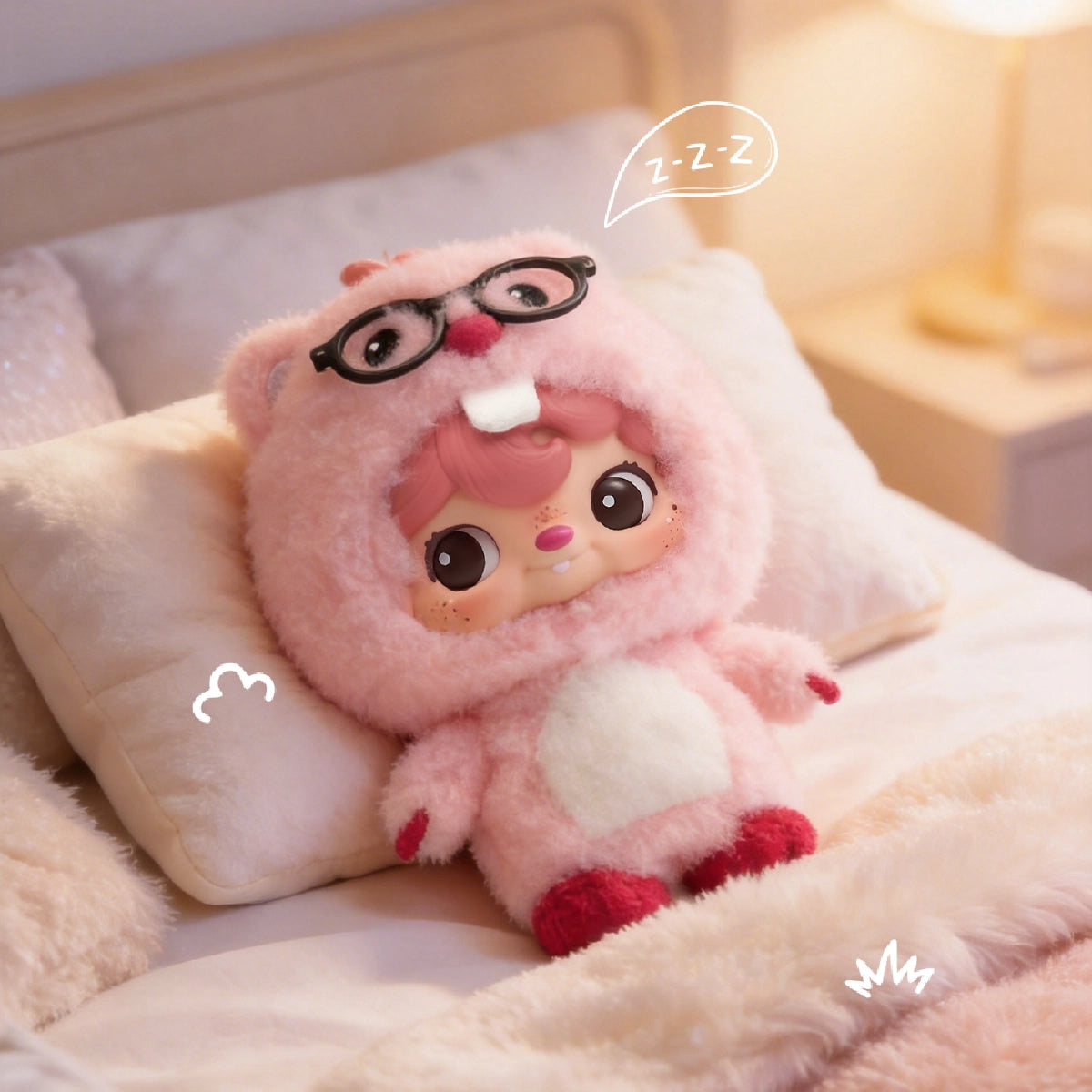 POUKAPOUKA in Loopy's beaver costume reclining on a bed with glasses resting on the hood