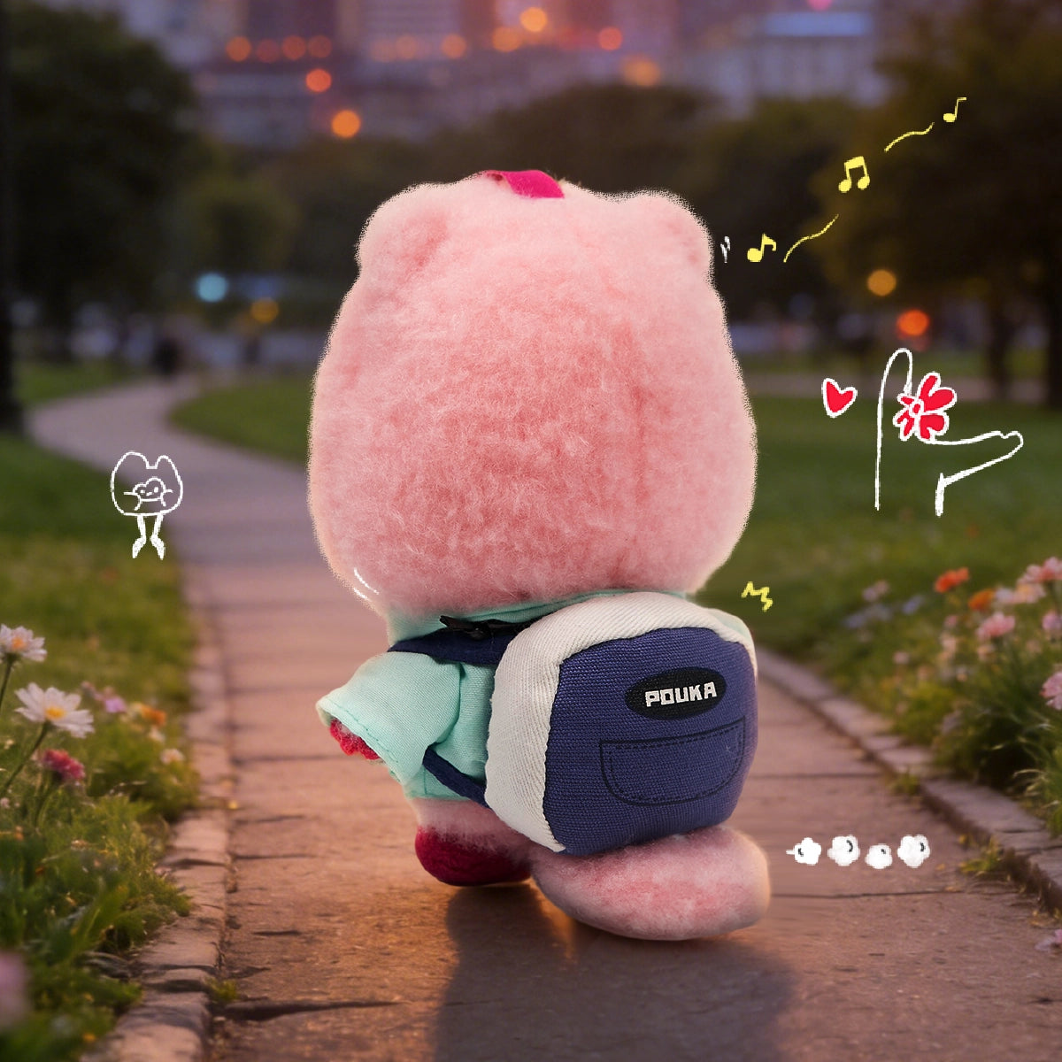 Back view of POUKAPOUKA in Loopy's beaver disguise walking with a blue backpack