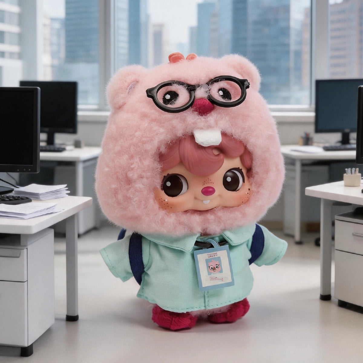 POUKAPOUKA in Loopy's beaver costume standing in an office aisle