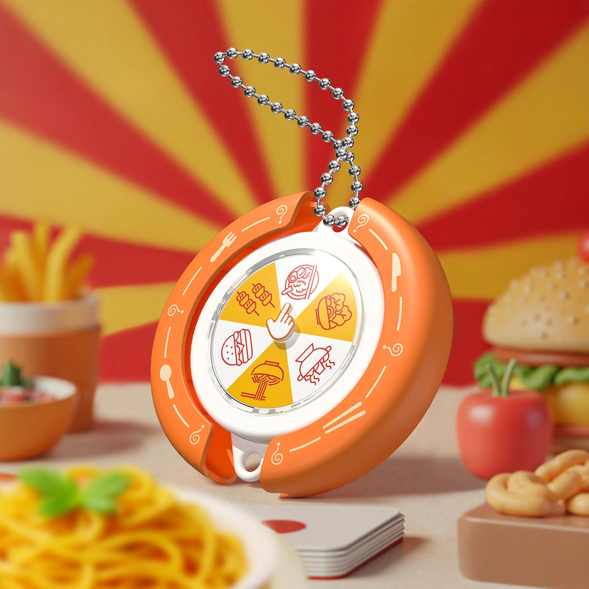 Full set of six QueSera Fortune Wheel keychain spinner decision-makers floating over a playful backdrop