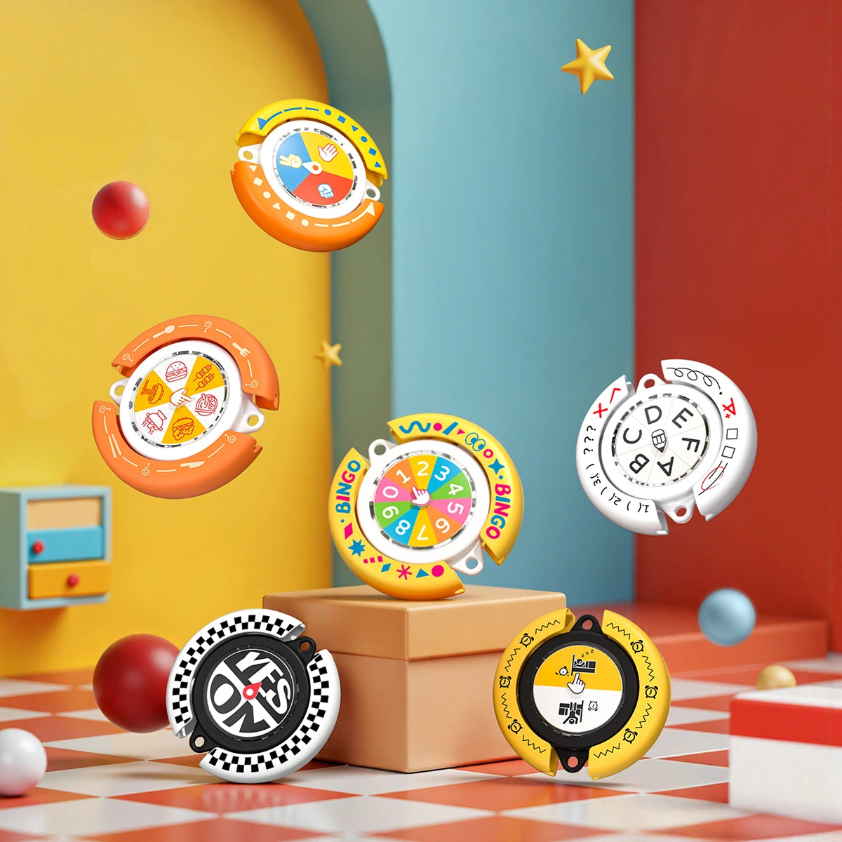 Complete lineup of six Quesera Fortune Wheel spinner keychain designs on a colorful display