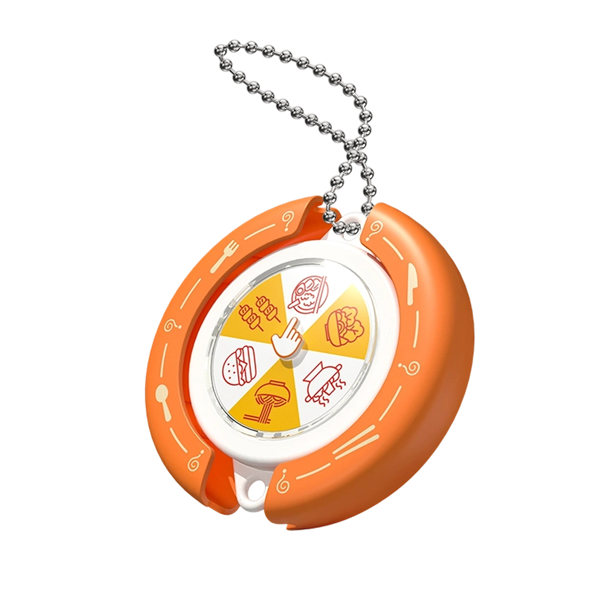 What to Eat orange keychain spinner with fast-food icon wheel, QueSera Fortune Wheel decision-maker by 52TOYS