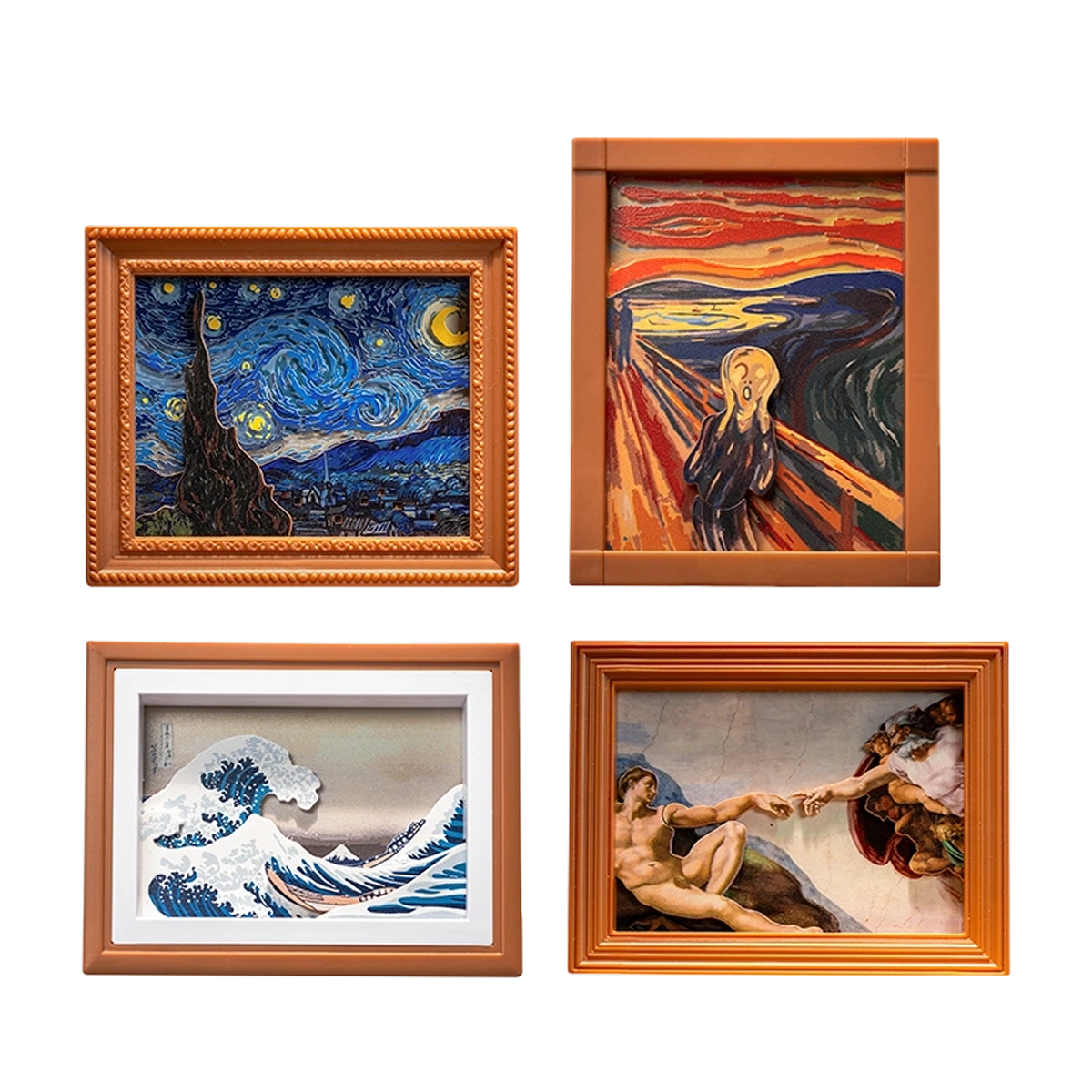 Four QueSera Living Paintings framed masterpiece dioramas: Starry Night, Scream, Great Wave, Creation of Adam