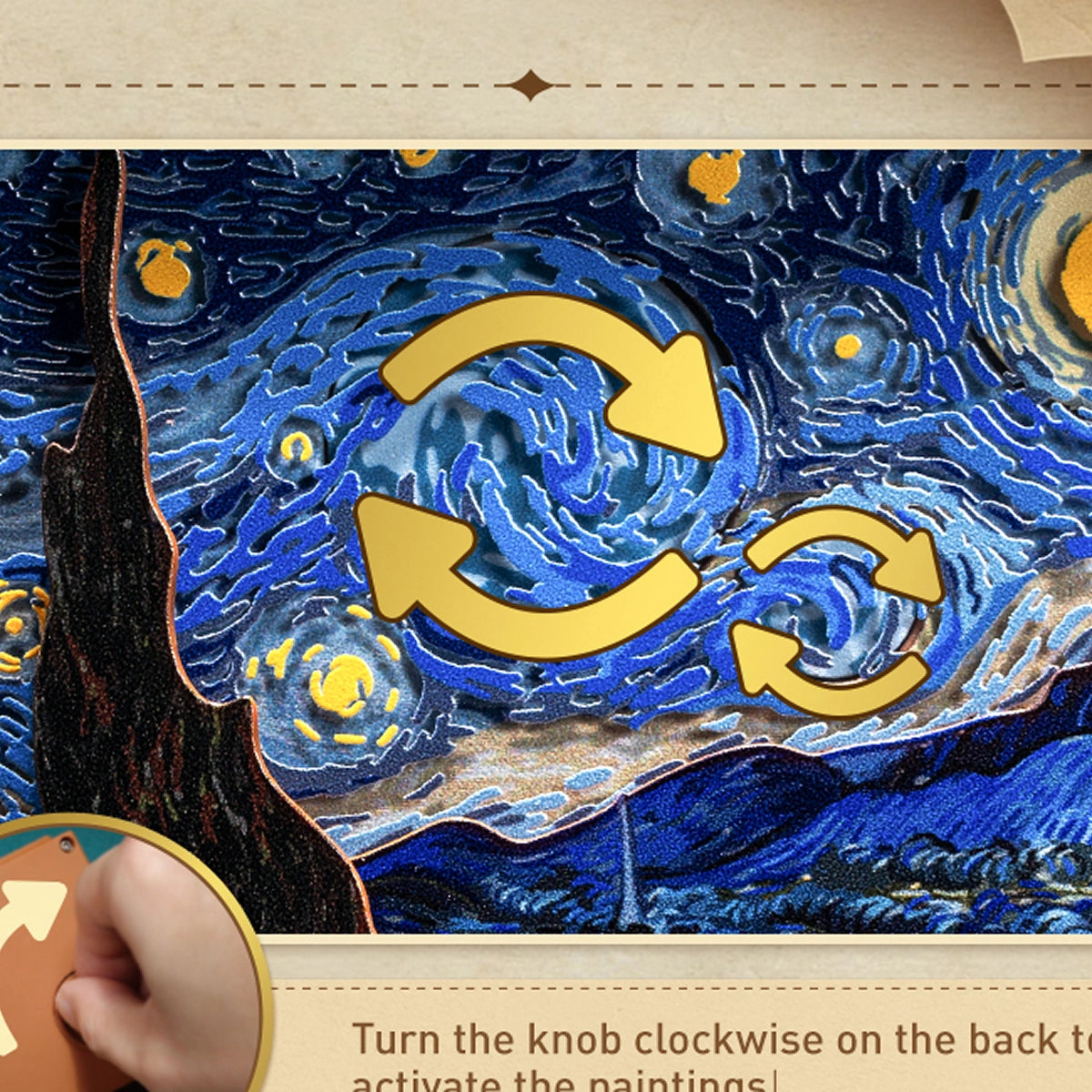 Close-up of Starry Night diorama with wind-up arrows showing the swirling stars in motion, Living Paintings