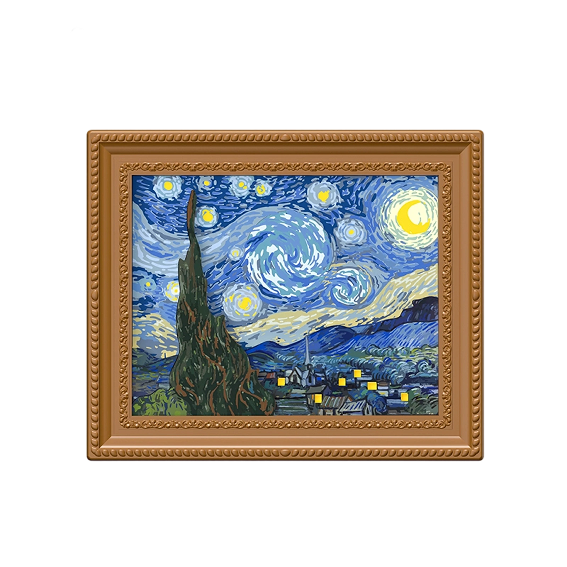 The Starry Night in an ornate brown wood frame, QueSera Living Paintings wind-up diorama