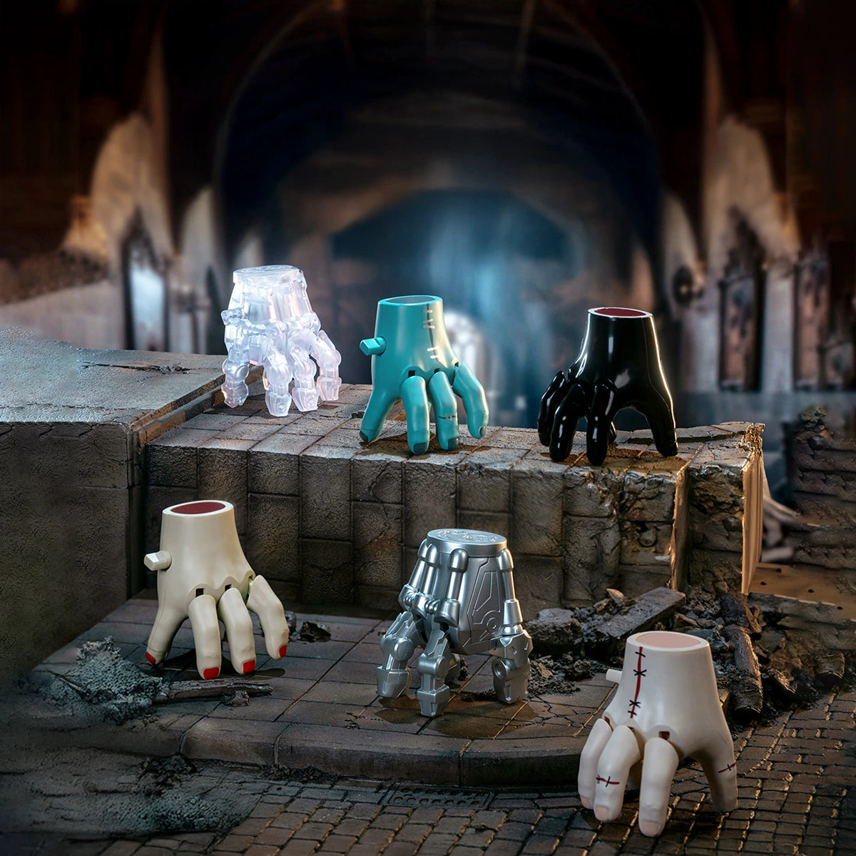Zombie Hand, a teal stitched severed hand crawling on a misty surface, QueSera Stranger Hands