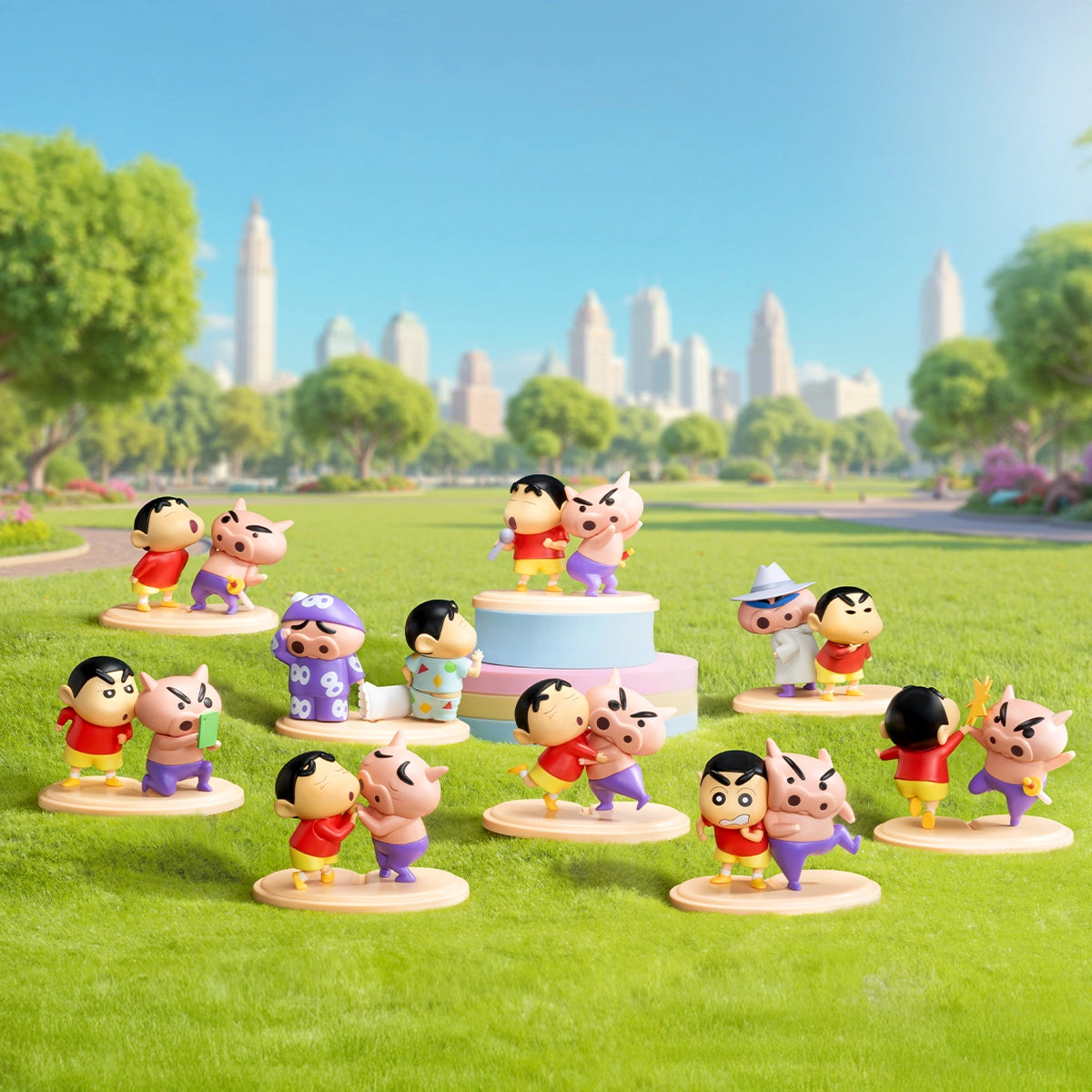 All Shinchan and Buriburizaemon scene figures displayed in a park, Kasukabe's Ultimate Duo