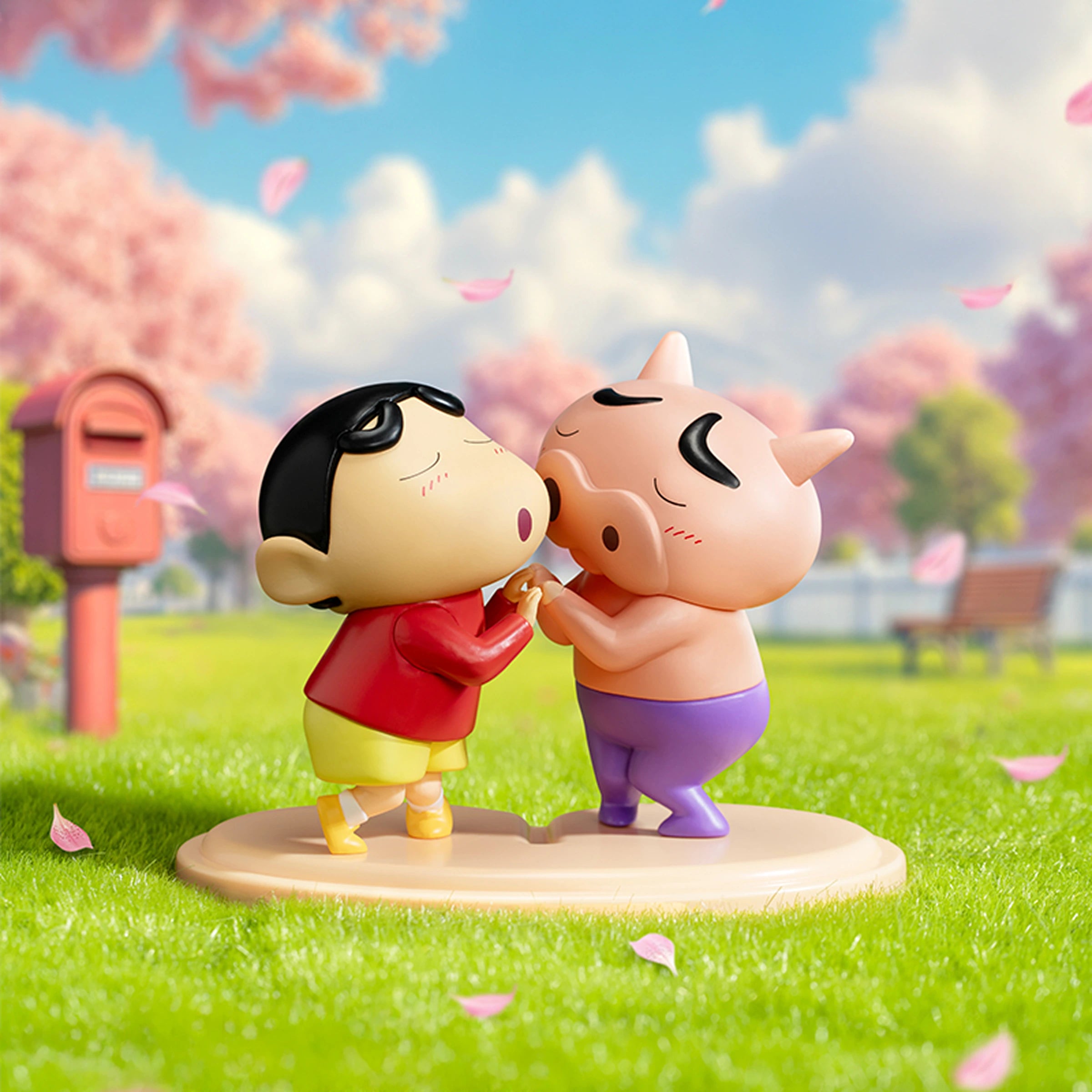 Kmoji scene of Shinchan kissing pig Buriburizaemon under cherry blossoms, Kasukabe Duo