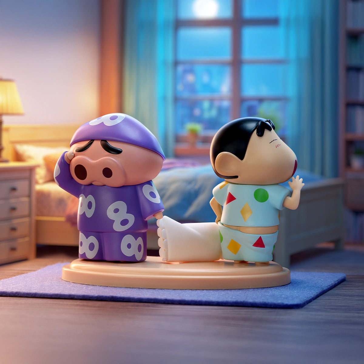 Sleep Time scene of Shinchan and Buriburizaemon in pajamas at bedtime, Kasukabe Duo