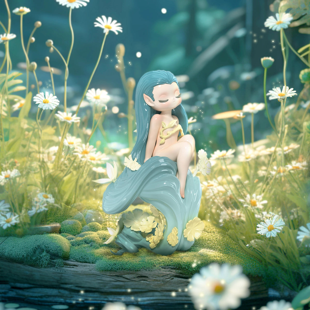 Mirror Moon winged secret elf perched on a glowing globe with a golden crescent amid clouds, Sleep Dreamland Elves