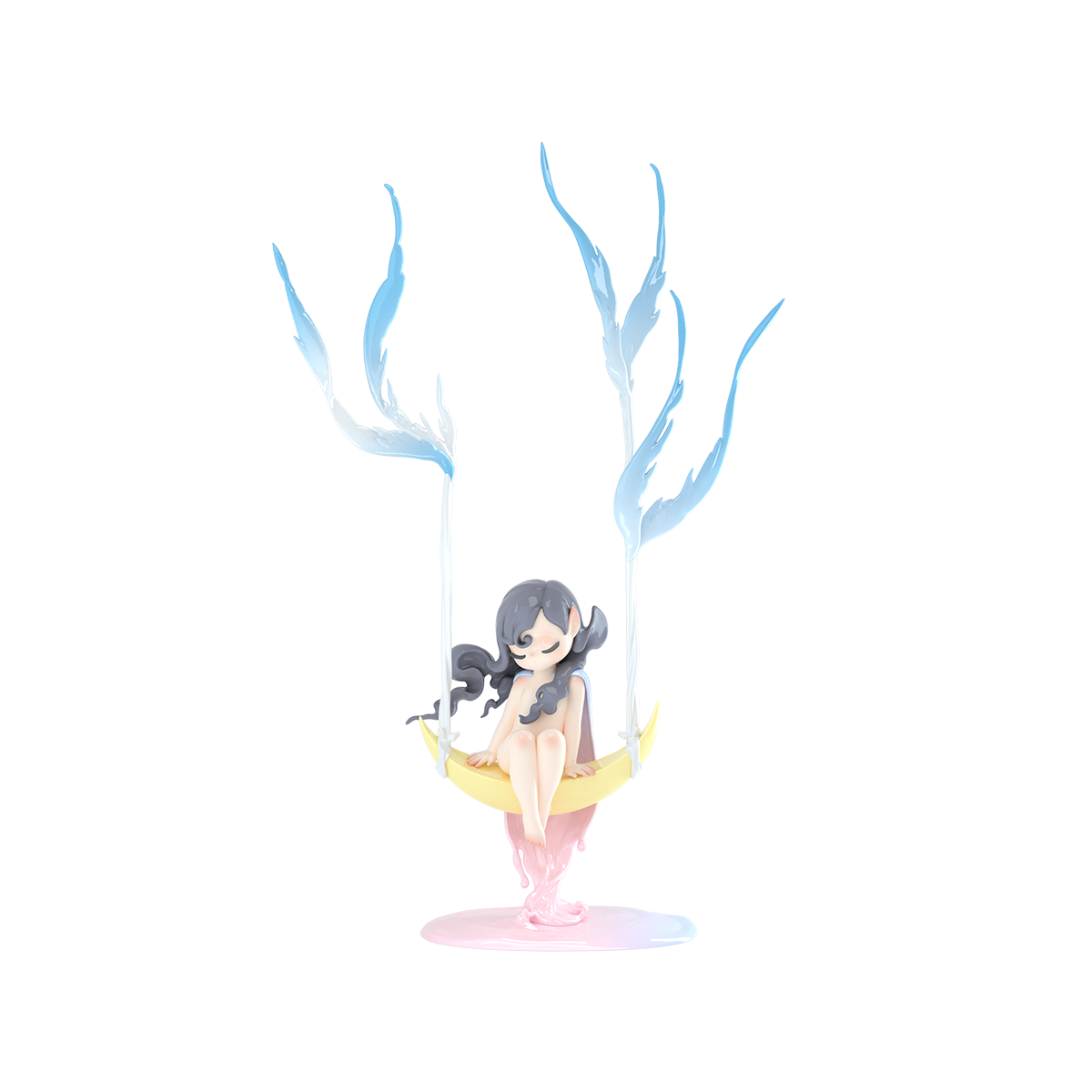 Remex dark-haired elf seated on a crescent moon with feathery wings, Sleep Dreamland Elves