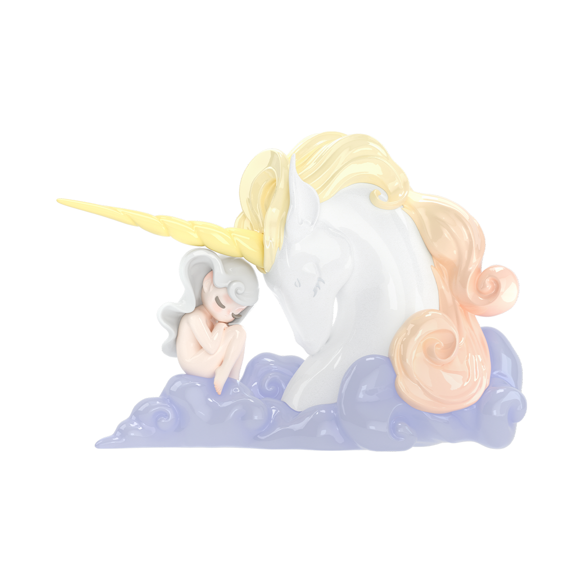 Unicorn elf nestling against a white golden-maned unicorn on a cloud, Sleep Dreamland Elves