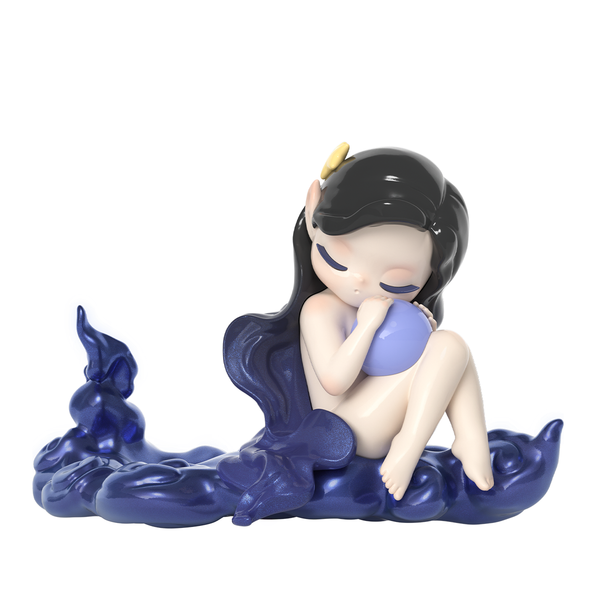 Polar Night elf hugging a blue orb on a deep-blue cloud, Sleep Dreamland Elves figure