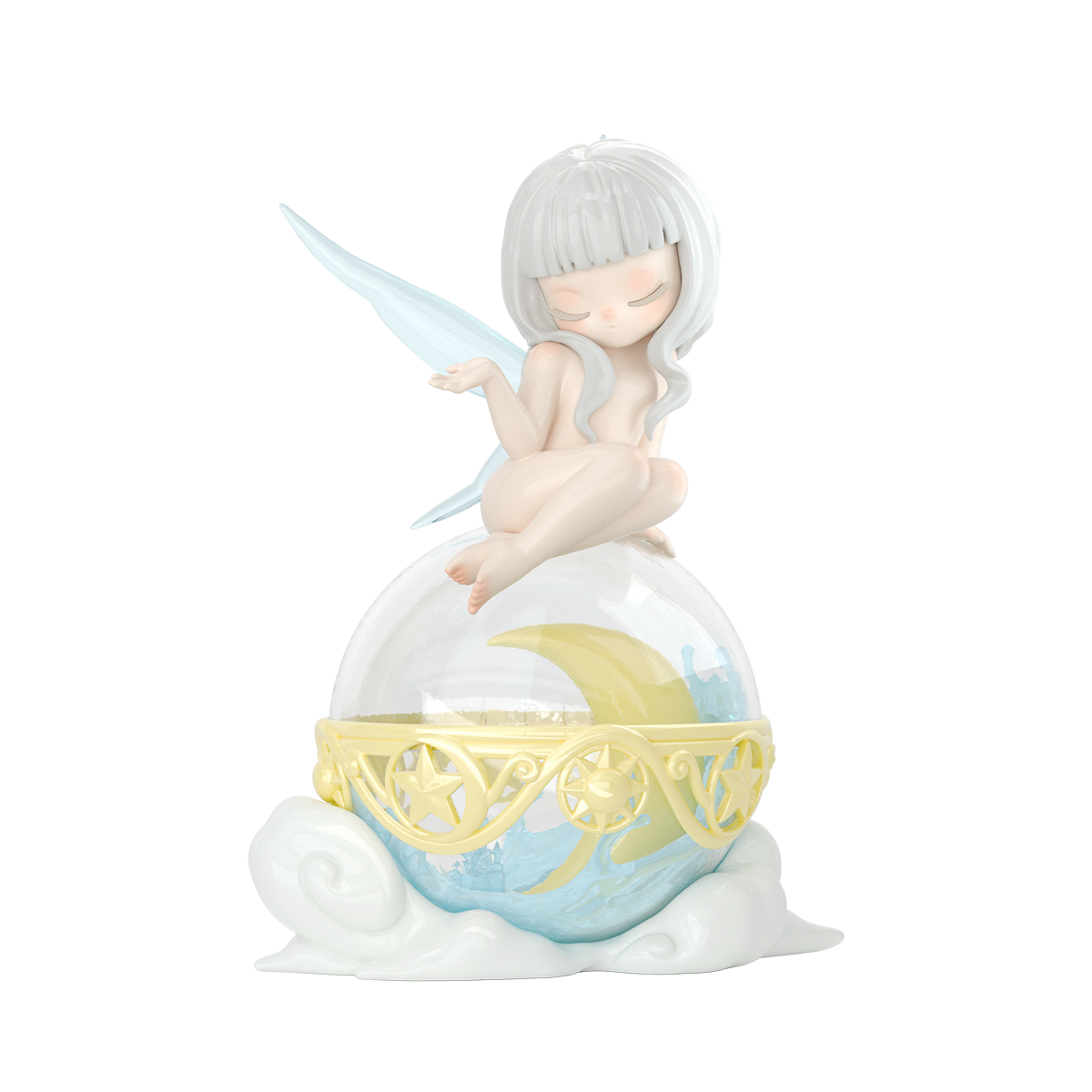 Mirror Moon winged secret elf on a glowing crescent-moon globe, Sleep Dreamland Elves figure