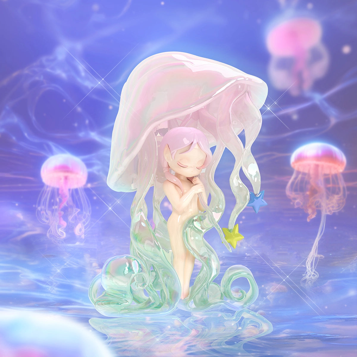 Remex elf perched on a crescent moon with feathery wings above pink water, Sleep Dreamland Elves