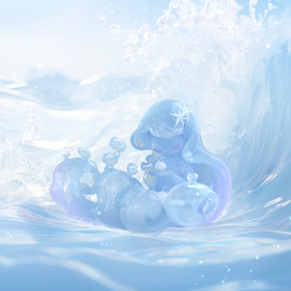 Galaxy elf with swirling clear hair rising from water in a cloudscape, Sleep Dreamland Elves