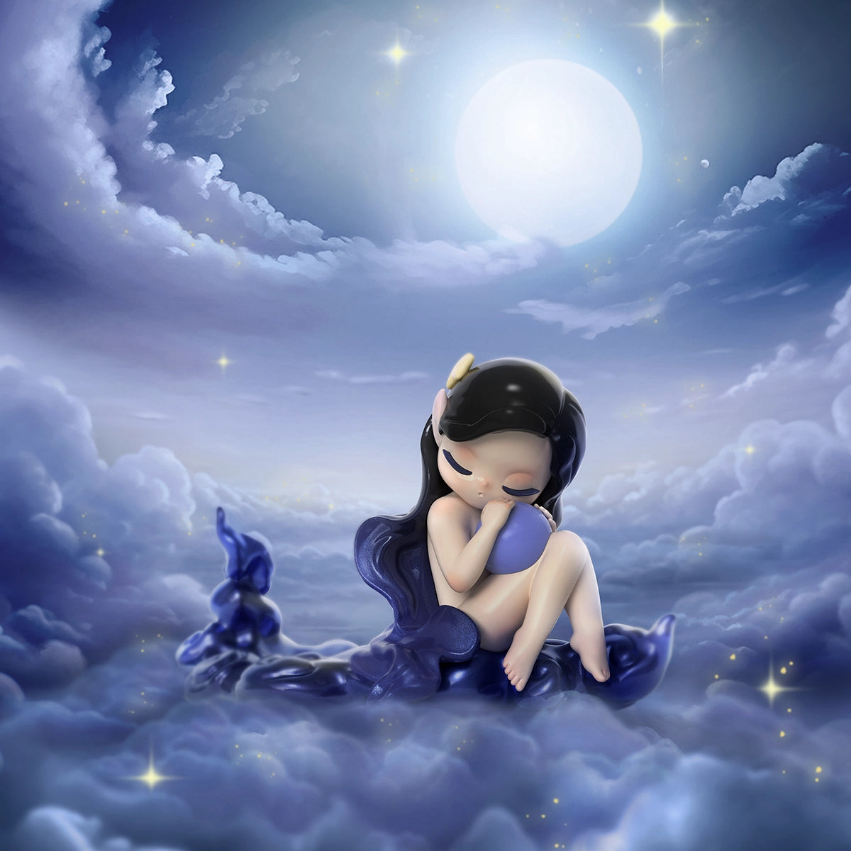 Spirit elf with a pink jellyfish-cap headdress among glowing jellyfish, Sleep Dreamland Elves
