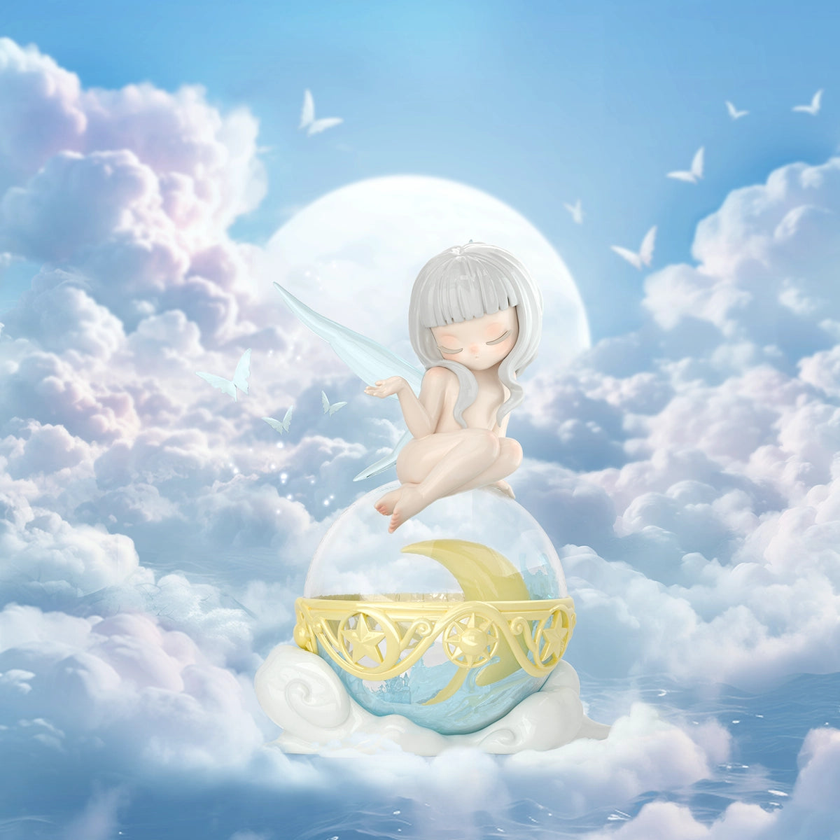 Polar Night elf hugging a blue orb among moonlit clouds, Sleep Dreamland Elves