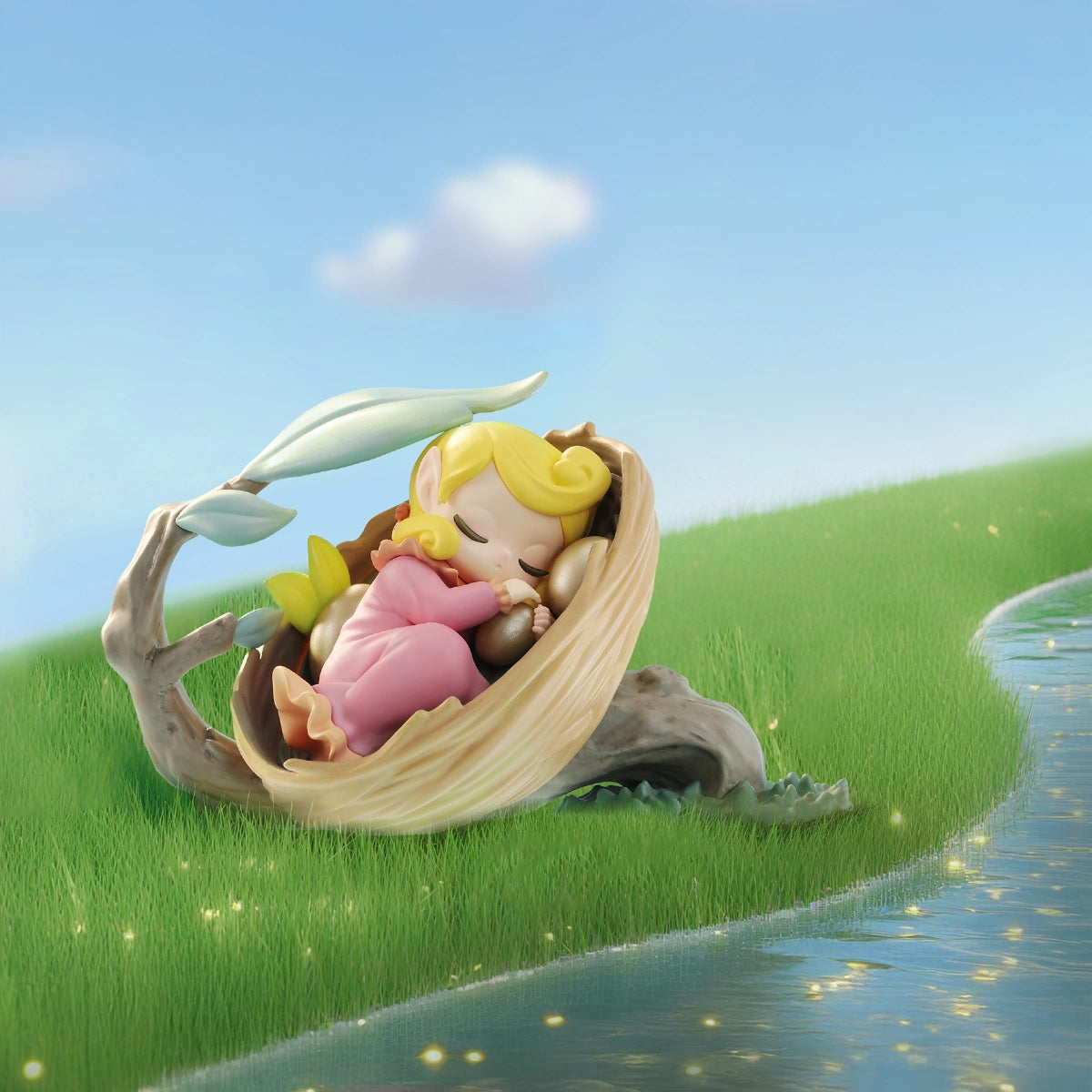 The Nightingale white-haired elf clutching a star on a gold column ringed by blue vines, Tales of Enchanted Dreams