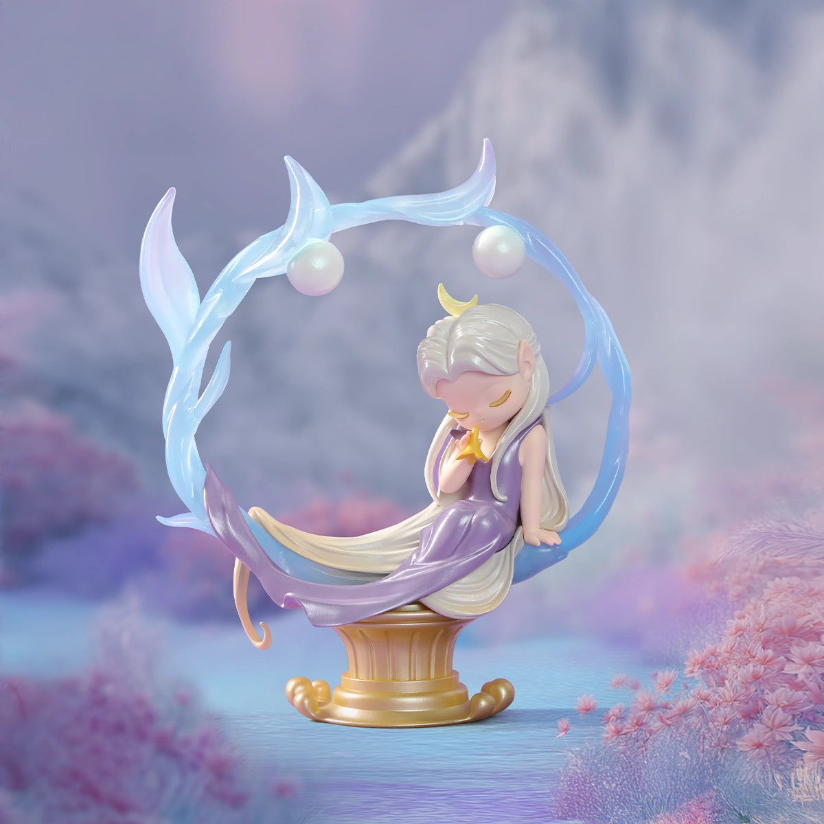 Full lineup of nine dreamland elf fairy-tale scenes on crystal platforms, Tales of Enchanted Dreams