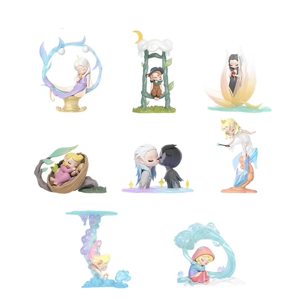 Full set of eight dreamland elf figures as classic bedtime fairy tales, Tales of Enchanted Dreams