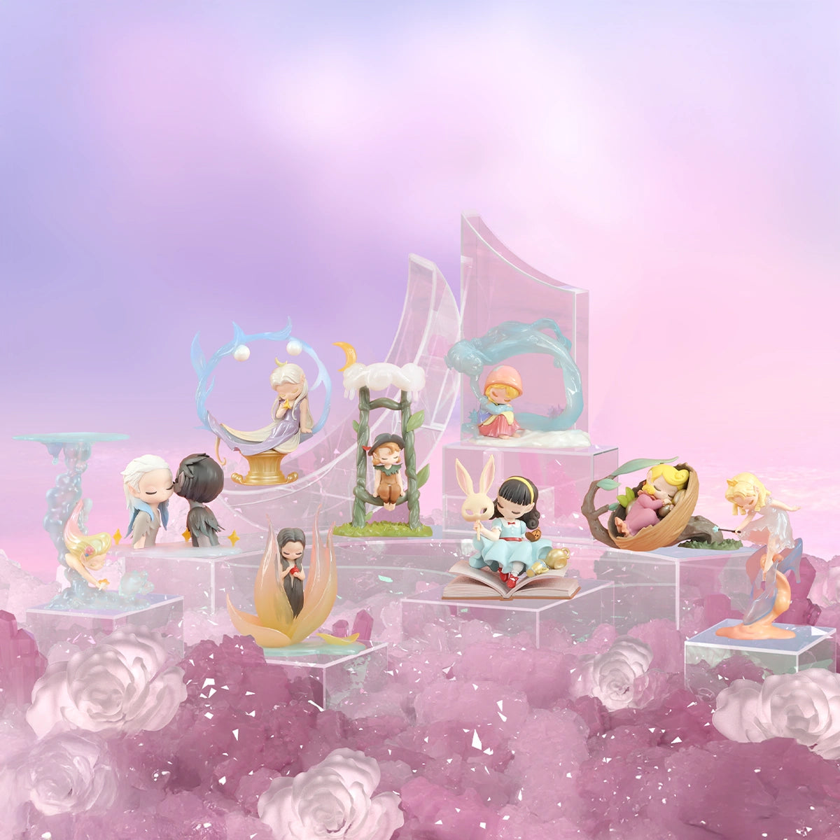 The Snow Maiden Little Match Girl in pink hood kneeling in snow under an icy arch, Tales of Enchanted Dreams