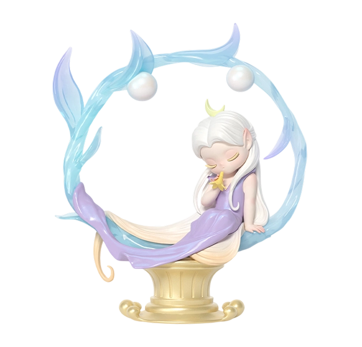 The Nightingale white-haired elf holding a star on a gold column ringed by blue vines, Tales of Enchanted Dreams