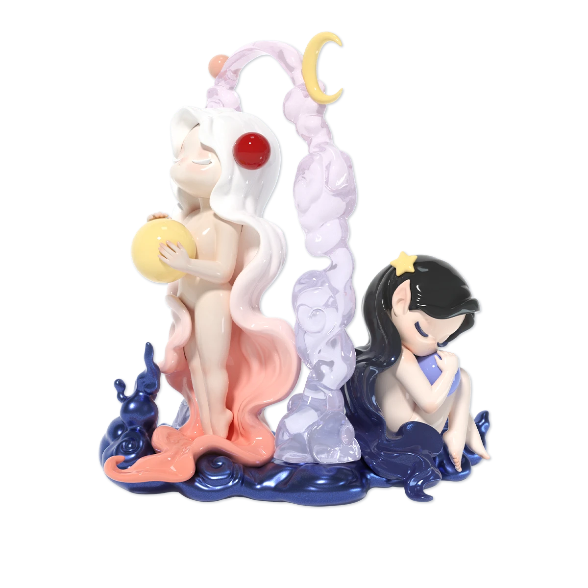 Polar Day elf hugging a yellow orb beside Polar Night elf cradling a blue orb, Sleep Dreamland Elves