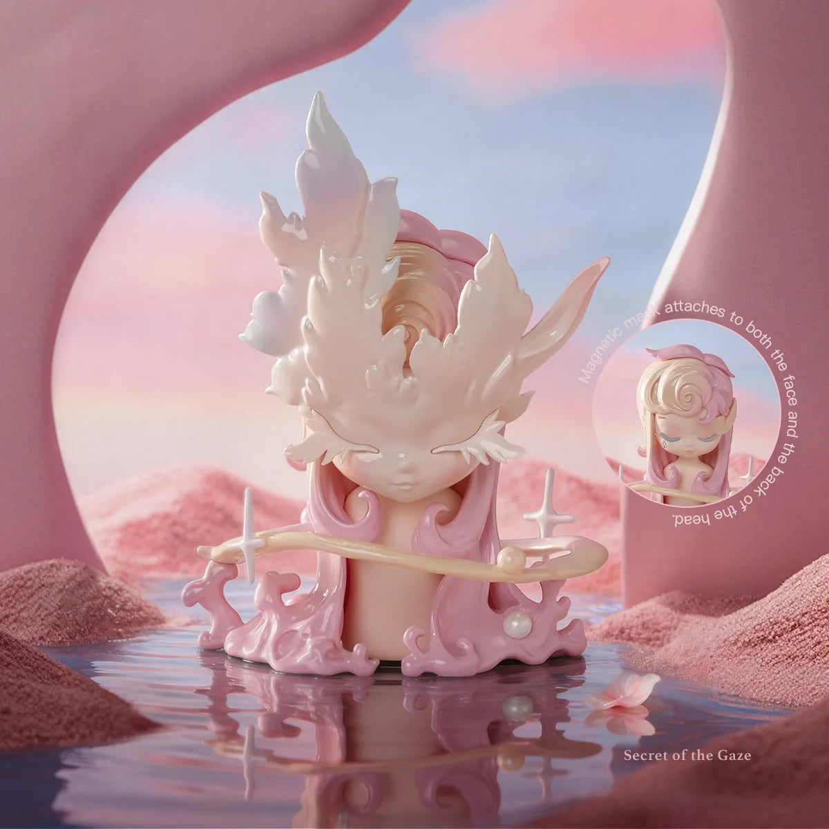 Secret of the Gaze Figur mit Spiegelung im rosafarbenen Wasser aus der SLEEP Fable Series von 52TOYS