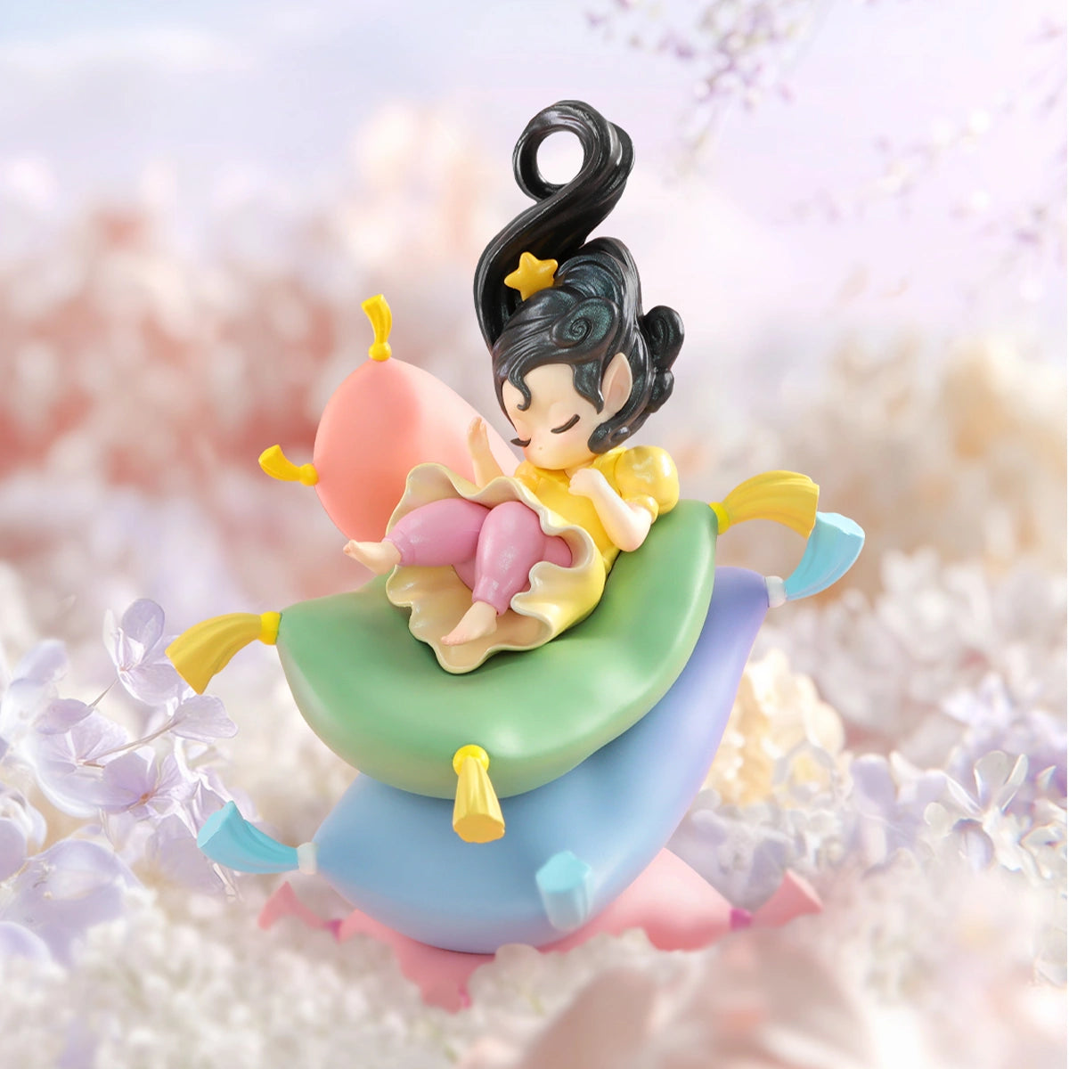 Sleep Dreams on Pillow figure sleeping on cushions amid soft blossoms, Princess-and-the-Pea scene