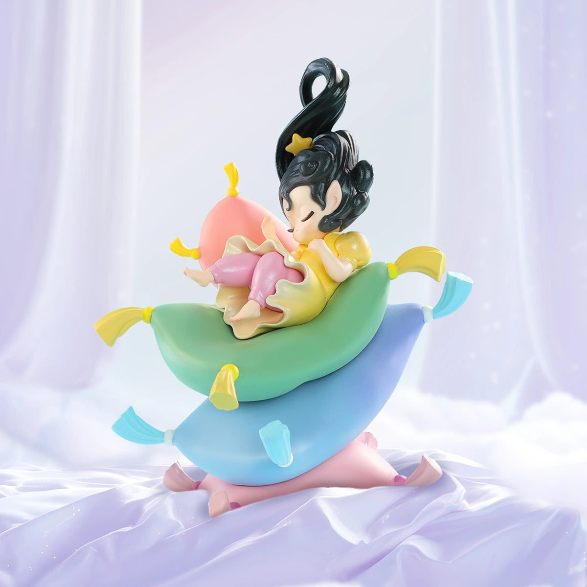 Sleep Dreams on Pillow figure asleep on a castle of cushions, pillowland dream scene