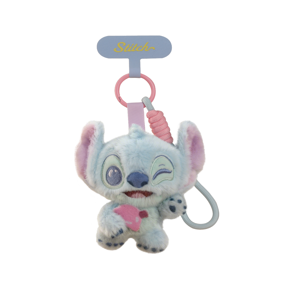 Winking Stitch plush phone strap holding pink shave ice on a black background
